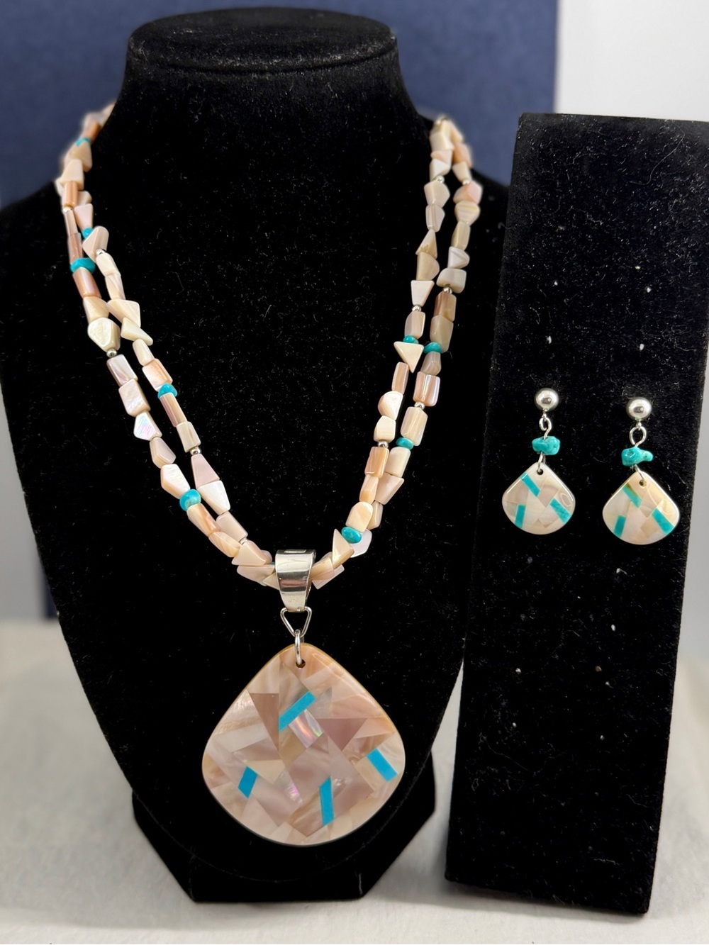 CAROLYN POLLACK Relios Sterling Silver MOP Turquoise Mosaic Necklace & Earrings